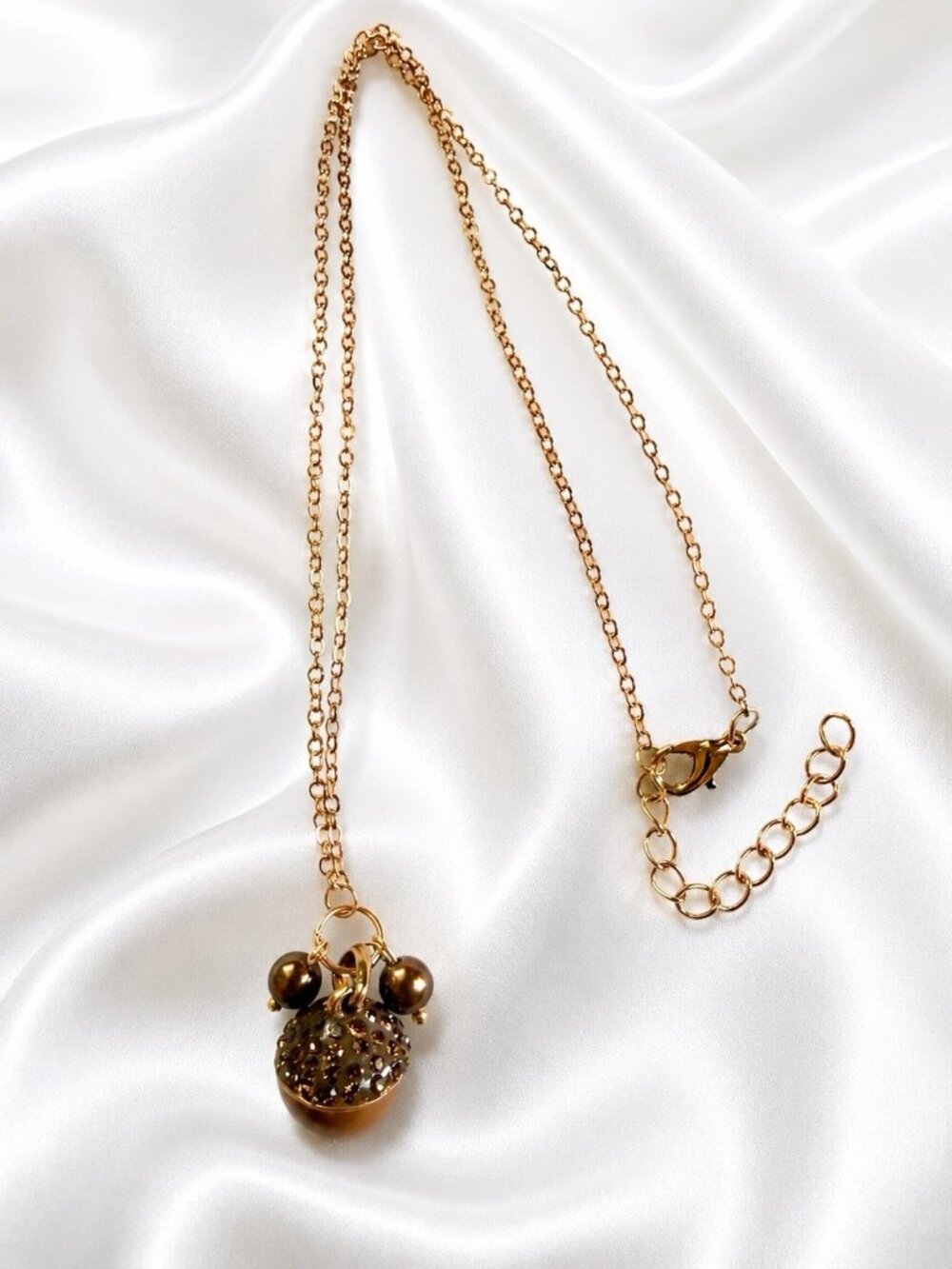 Vintage Gold Tone Enamel Acorn Pendant Necklace Brown Crystal Adjustable 18” - Picture 8 of 9